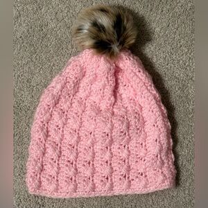 Handcrafted Chic Pink Knit Beanie with Faux Fur Pom